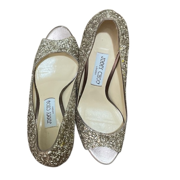 EUC Jimmy Choo Gold Glitter Luna Peep Toe Stilettos - Picture 2 of 5
